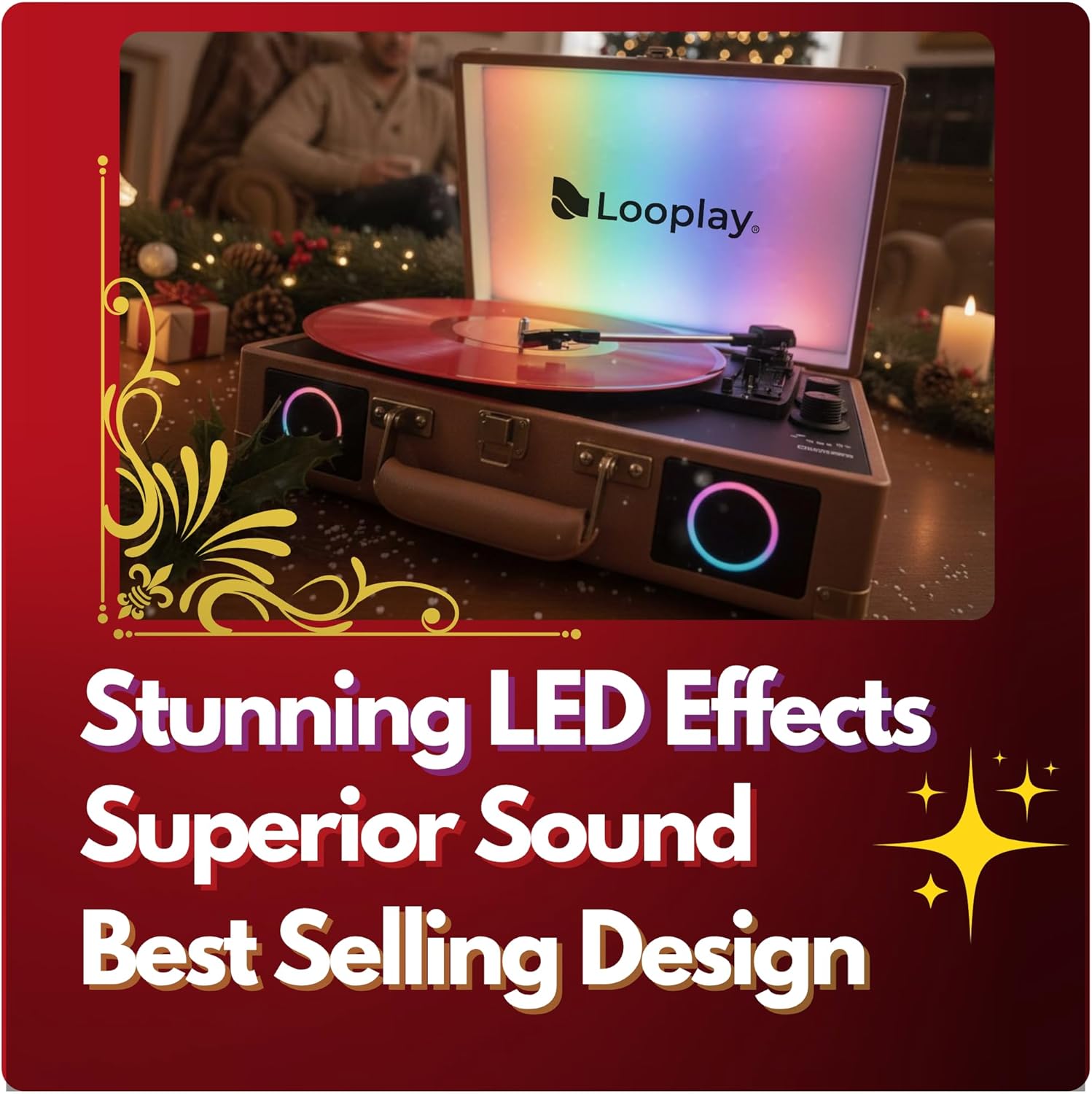 Premium Suitcase Vinyl Record Player with LED Lights Bonus Exclusive Holiday Album